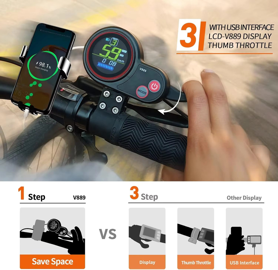 Kugoo V889 Farbdisplay mit Drehgashebel und USB für TF-100 M4 E-Scooter, Schwarz - Bild 3