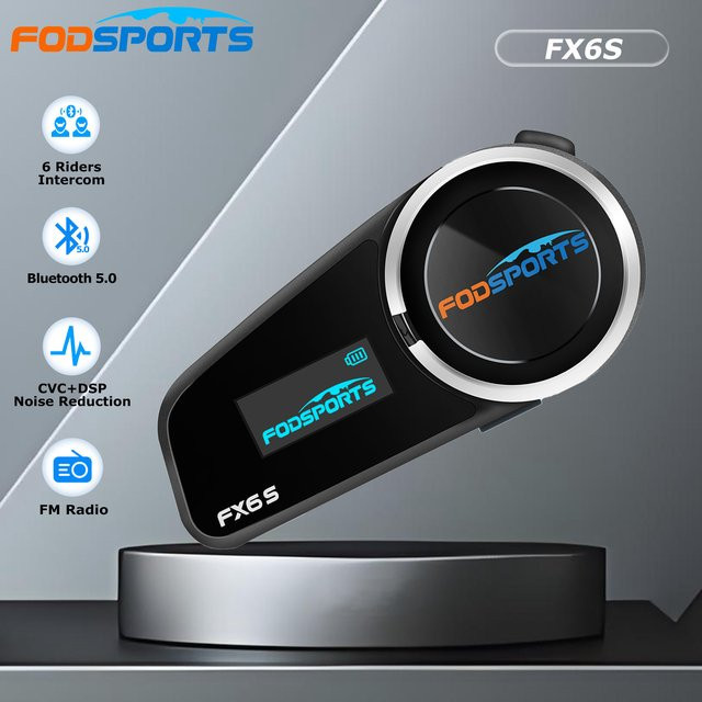 Fodsports FX6S Motorrad-Gegensprechanlage für 6 Fahrer mit Bluetooth, LED-Bildschirm und FM-Radio, wasserdicht, Schwarz - Bild 1