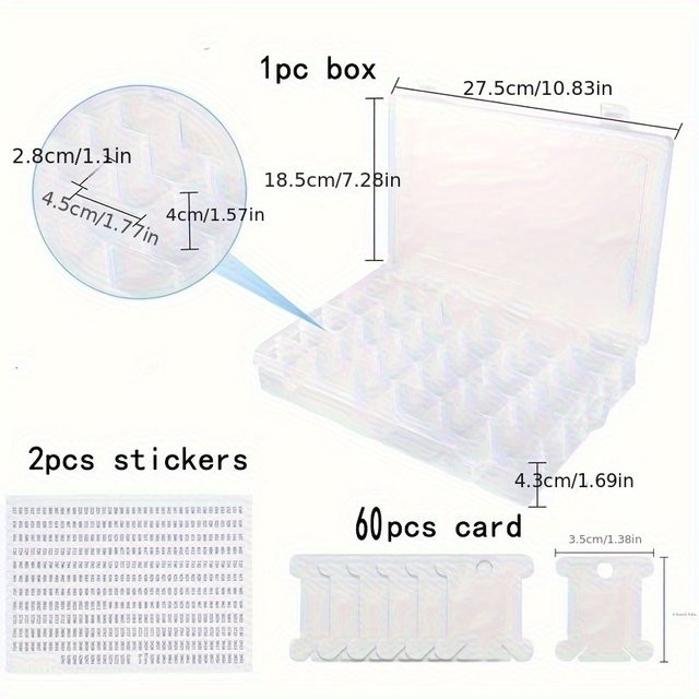 Stickerei-Organizer Box aus Kunststoff mit 36 Gittern und 60 Wickelkarten in Transparent für Näh- und Stickzubehör - Bild 1