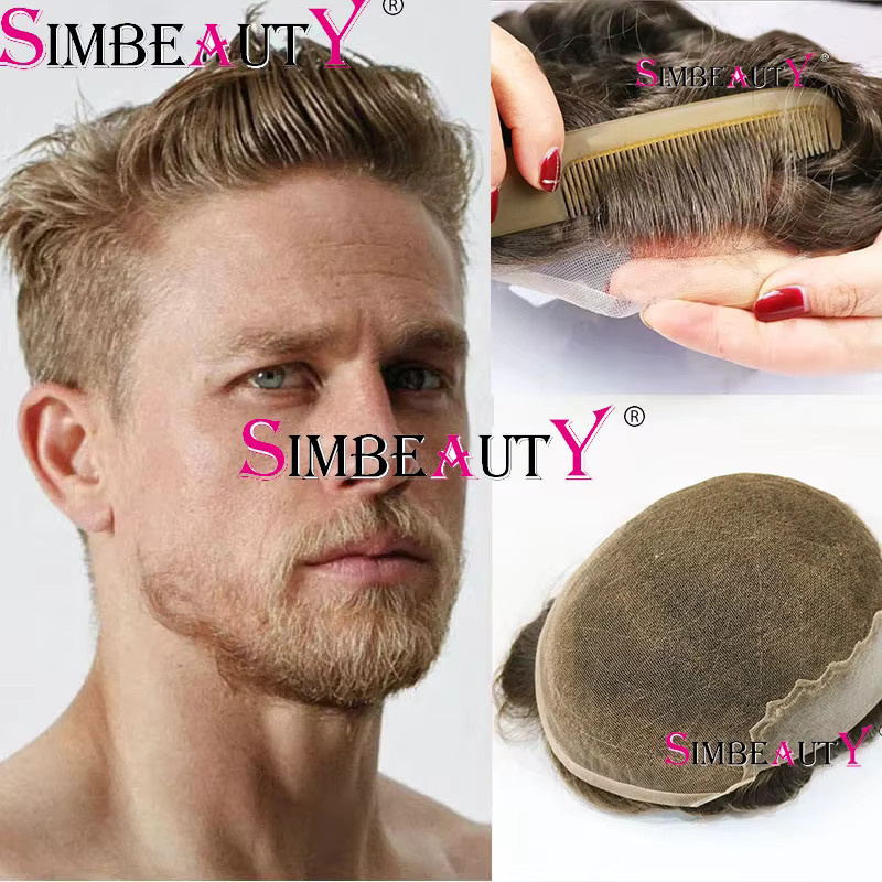 simbeauty Herren Toupet, Grau Schwarz, Echthaar, Frankreich Spitze & PU - Bild 3