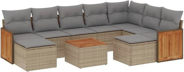 vidaXL 10-tlg. Garten-Sofagarnitur aus Poly-Rattan und Akazienholz in Beige-Grau mit UV-beständigen Kissen - Bild 1