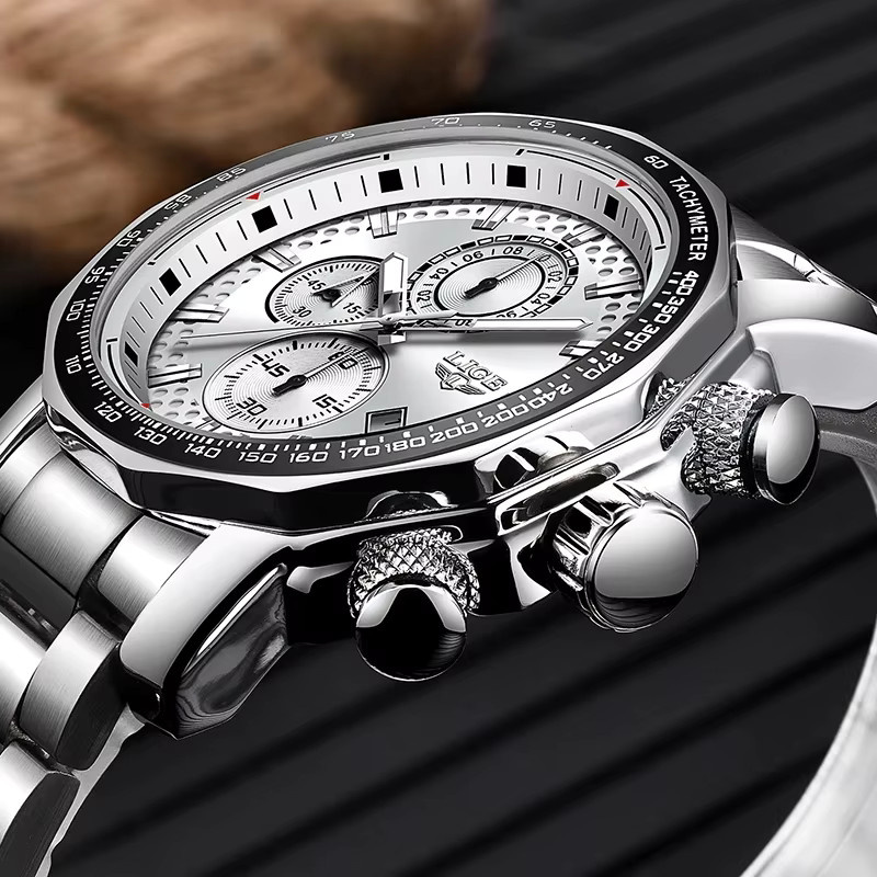 LIGE Chronograph Herrenuhr, Quarz, Edelstahl, Schwarz - Bild 2