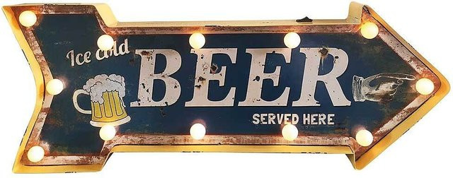 Vintage LED Wandleuchte ICE COLD BEER Wegweiser Leuchtdeko aus Holz und Metall in Multicolour - Bild 1