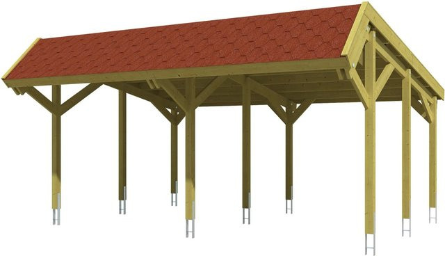 Skan Holz Carport Harz aus Nadelholz in Grün mit roten Schindeln B: 624 cm, T: 560 cm - Bild 1