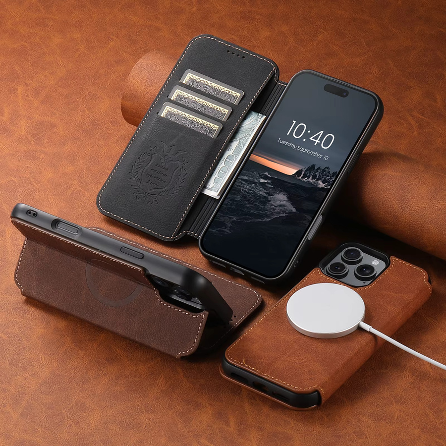 Suteni Flip-Cover Telefonhülle aus Kunstleder mit Kartenhalter und Ständer für iPhone 17 Pro Max 16 Plus 15 14 13 12 in Beige und Braun - Bild 6