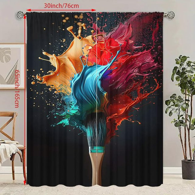 2er-Set Pinsel HD-Druckvorhang aus Polyester in Braun, B/H: 60 x 150 cm - Bild 1