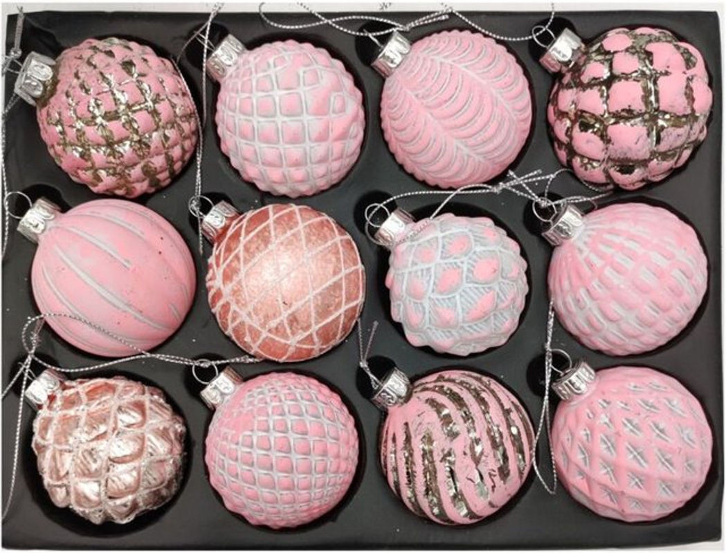 Buri Glas-Weihnachtsbaumkugeln Rosa 12er-Set mit Schnur, runde Christbaumkugeln für deine Weihnachtsdeko, Durchmesser: 6 cm - Bild 1