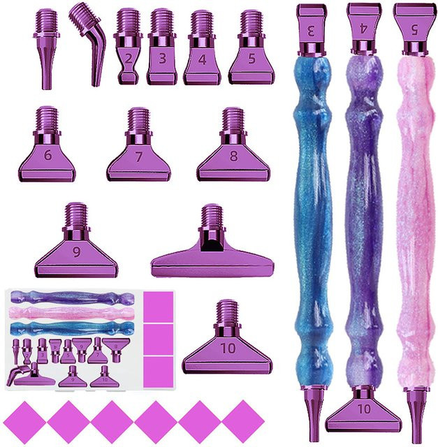 TAKEWEALTH DIY Diamantmalerei Werkzeug Set mit Harz-Punktbohrern, Ersatz-Metallstiftheden in Lila und Pink sowie Klebeton für Kunsthandwerk - Bild 1