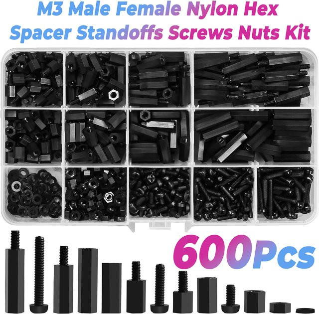 BOVILEVR 600-teiliges M3-Nylon-Abstandsbolzen-Set, männlich-weibliche Sechskant-Abstandshalter mit Schrauben und Muttern für die Leiterplattenmontage, Schwarz - Bild 1