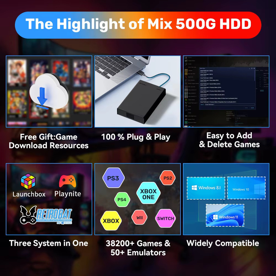JMachen Hyper Base MIX Retro Gaming HDD mit 38200+ Spielen für PS3, Switch, Xbox, PS2, Wii und WiiU, Schwarz, 500 GB - Bild 2