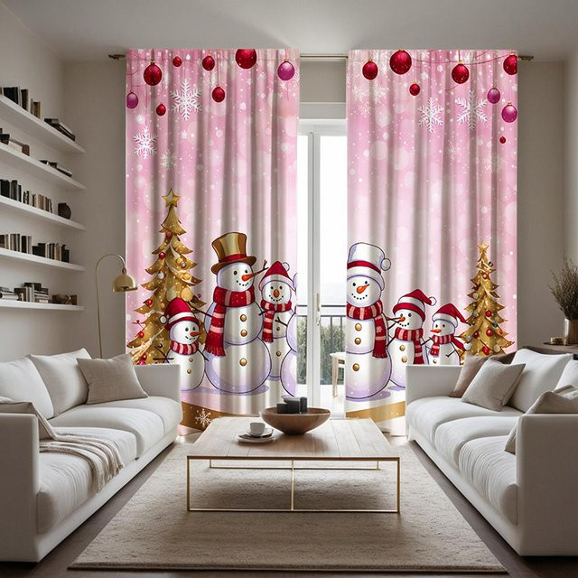 2er Set Weihnachts Vorhänge mit Schneemann-Motiv in Weiß und Rosa, halbtransparent mit Bindeband, B: 132 cm, H: 160 cm - Bild 1