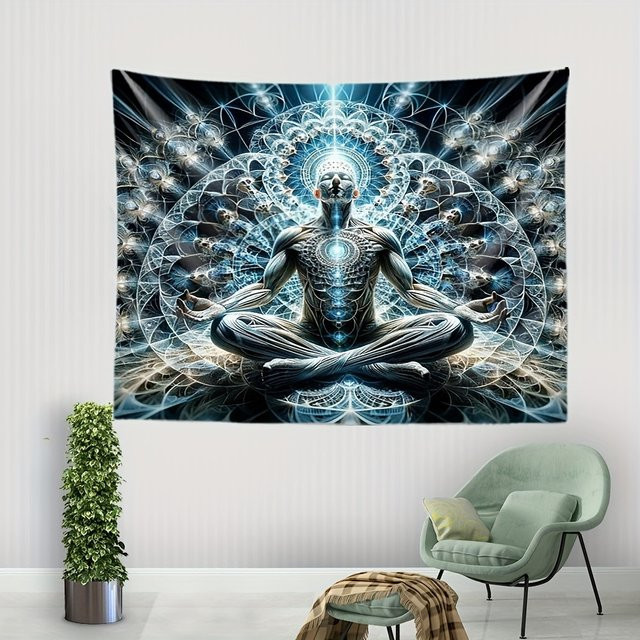 VIKAMA Cosmic Meditation Geometrischer Wandteppich mit Sanskrit Symbol in Blau für Yoga und Meditationsräume - Bild 1