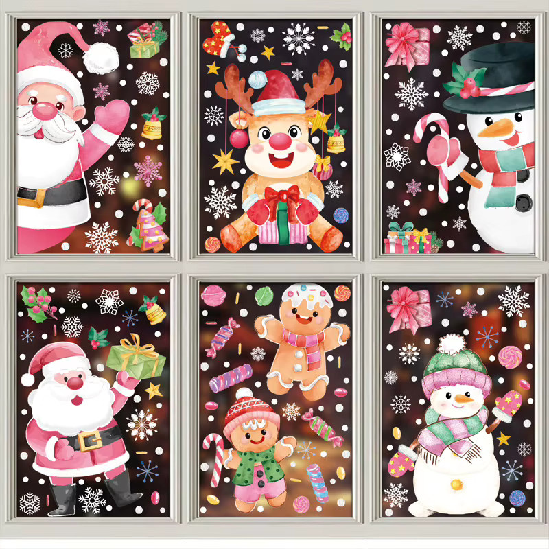 Joy-enlife Weihnachts-Fensteraufkleber in Rosa mit Weihnachtsmann, Schneemann und Rentier für Glas und Kunststoff - Bild 3
