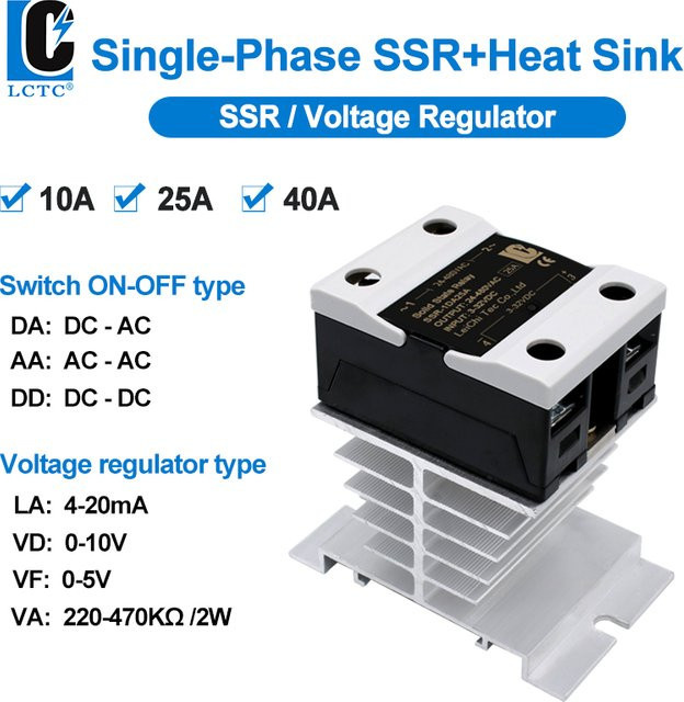 LCTC Einphasiges Halbleiterrelais mit Kühlkörper, Spannungsregler SSR für 0-10V, 4-20MA, 0-5V, Farbe: Schwarz - Bild 1