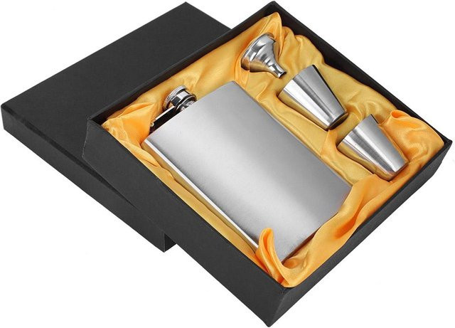 TOMTOP JMS Spirituosen Flachmann Set aus Edelstahl mit Trichter und zwei Weinbechern, Farbe: Silber/Grau, 7oz - Bild 1