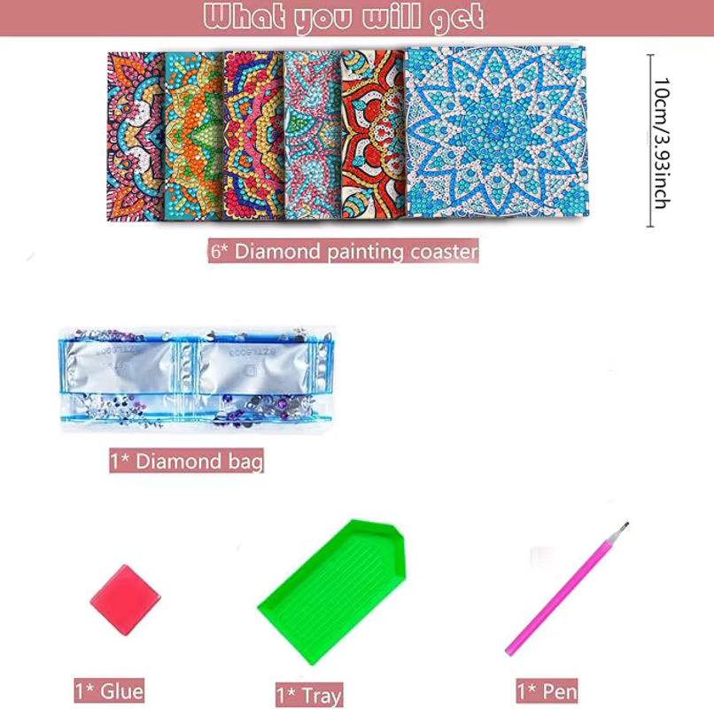 6er Set DIY Diamant-Malerei Kunstset mit Mandala-Blumenmuster und Untersetzern in Multicolor - Bild 2