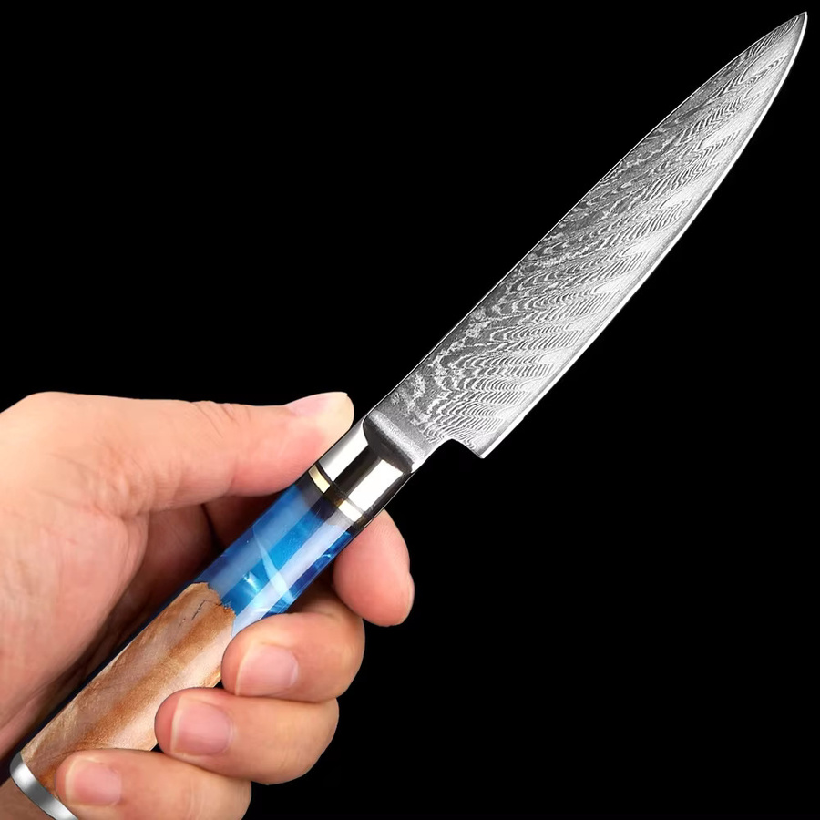 Xituo Allzweckmesser aus Damaststahl mit blauem Harzgriff, Klingenlänge: 12,7 cm - Bild 5