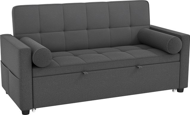 HOMCOM 3-in-1 Schlafsofa 2-Sitzer als ausziehbares Doppelbett mit verstellbarer Rückenlehne und 2 Kissen, Leinenoptik, Dunkelgrau - Bild 1
