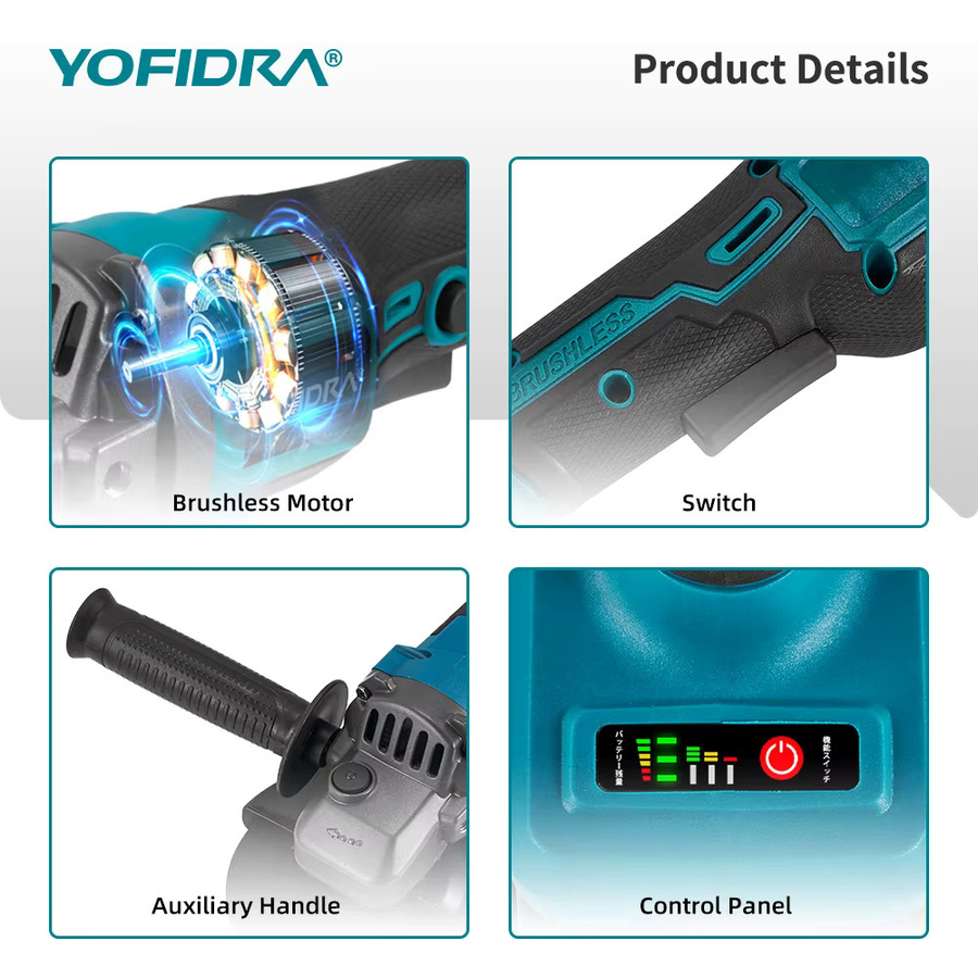 YOFIDRA Bürstenloser Winkelschleifer 125mm mit 12000RPM, kabelloses Schneid- und Polierwerkzeug inklusive 3 Sägeblättern, kompatibel mit Makita LXT Akkus - Bild 6