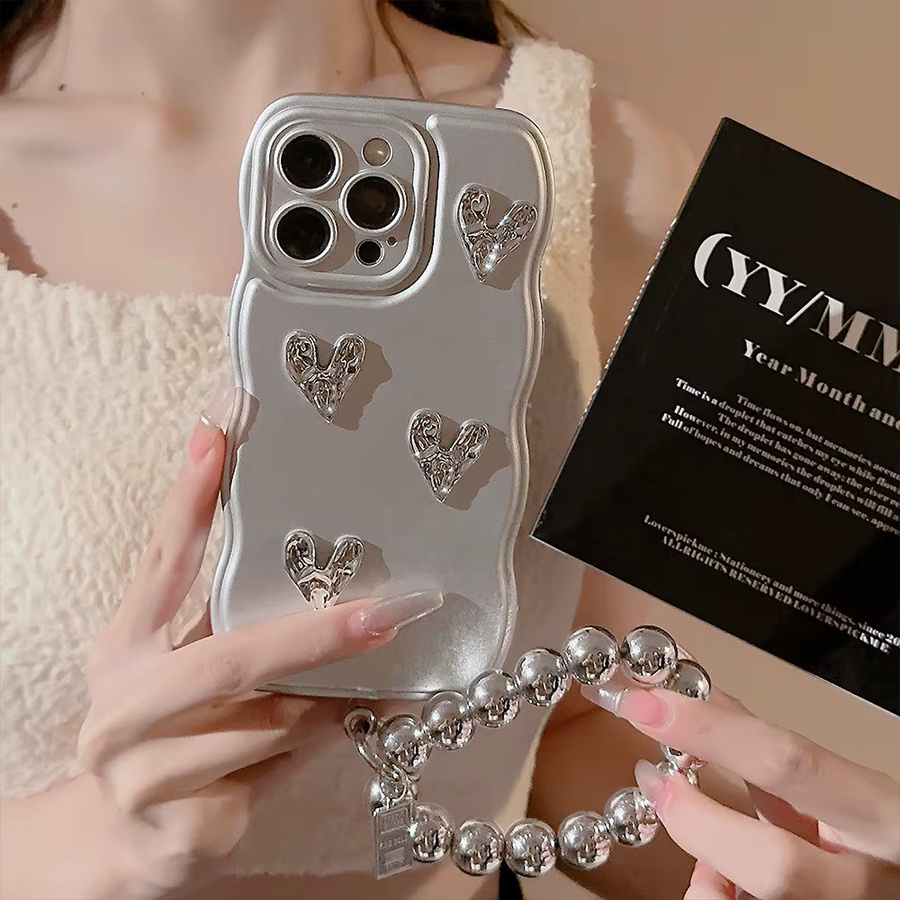 MUQGEW Handyhülle mit 3D-Falten-Liebes-Herz-Design und gewelltem Rand für iPhone 17 16 15 14 13 12 11 Pro Max, stoßfeste Armband-Abdeckung, Farbe: Silber - Bild 2