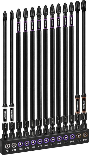 Geinxurn-Impact Set mit 2 magnetischen Pozidriv-Schraubendreher-Bits aus S2-Stahl, PZ1/2/3, 6 Zoll mit farbcodierter Basis - Bild 1