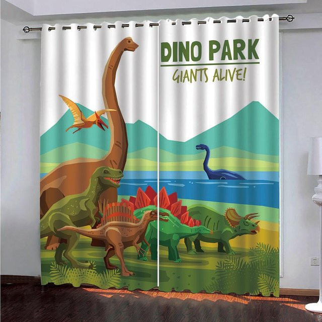 A Family Of Home Textiles Sonnenschutz Vorhang mit Dinosaurier-Motiv im Cartoon-Stil, halbtransparent, Mehrfarbig, Breite: 100 cm, Höhe: 130 cm - Bild 1