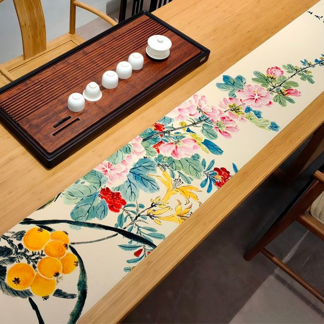 Tianzhong Teetischläufer im Zen-Stil aus Leinen, wasserdicht, mehrfarbig gestreift, B/T: 148 x 148 cm - Bild 1