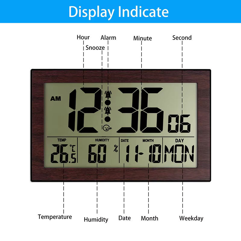 Digitale LCD-Wanduhr in skandinavischem Design aus Holz mit Thermometer und Dual-Alarmfunktion, mehrfarbig und rechteckig - Bild 2