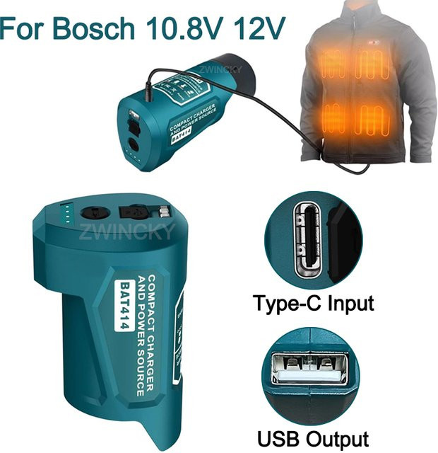Bosch Akku-Adapter-Ladegerät für 10,8 V und 12 V Li-Ionen-Akkus mit USB-C-Anschluss zur Stromversorgung von beheizten Jacken - Bild 1