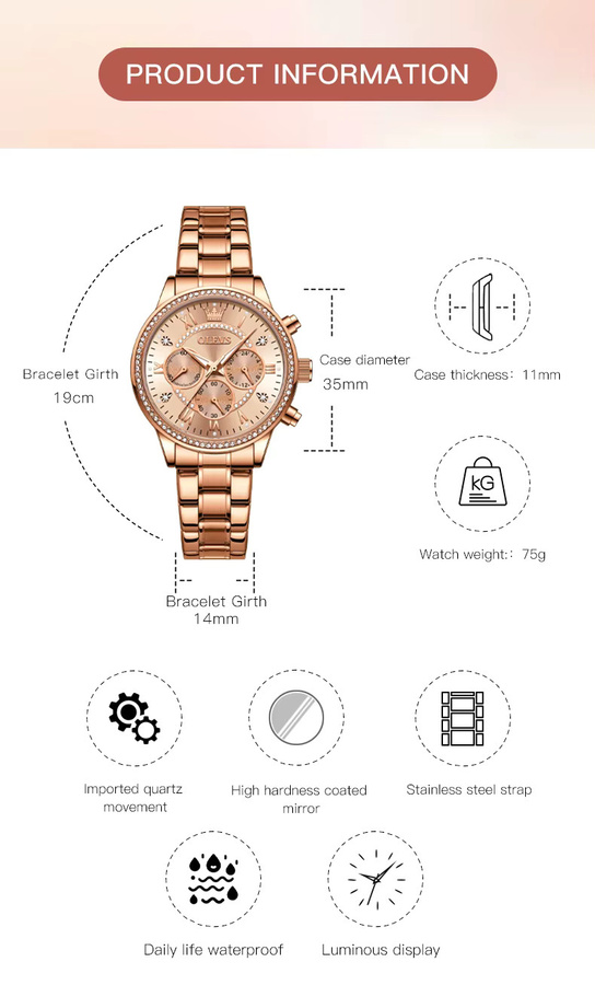OLEVS Chronograph, Quarz, Edelstahl, Roségold, Damen - Bild 4