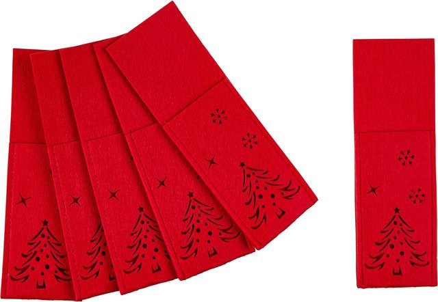6er Set Bestecktaschen Winterbaum von Viva Domo in Rot mit Grafikdesign - Bild 1