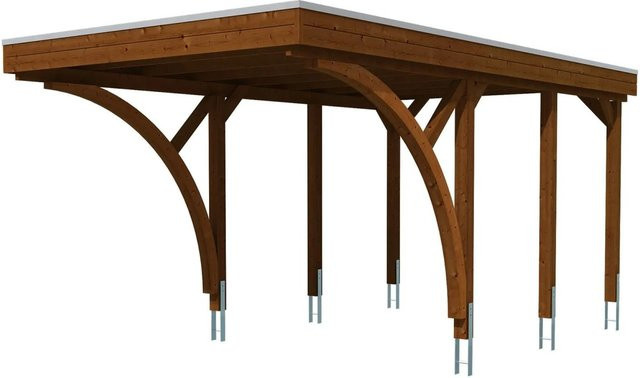SKANHOLZ Carport Friesland aus Fichte mit zwei Einfahrtsbögen und Flachdach in Nussbaum Braun, B/T/H: 320 x 555 x 239 cm - Bild 3