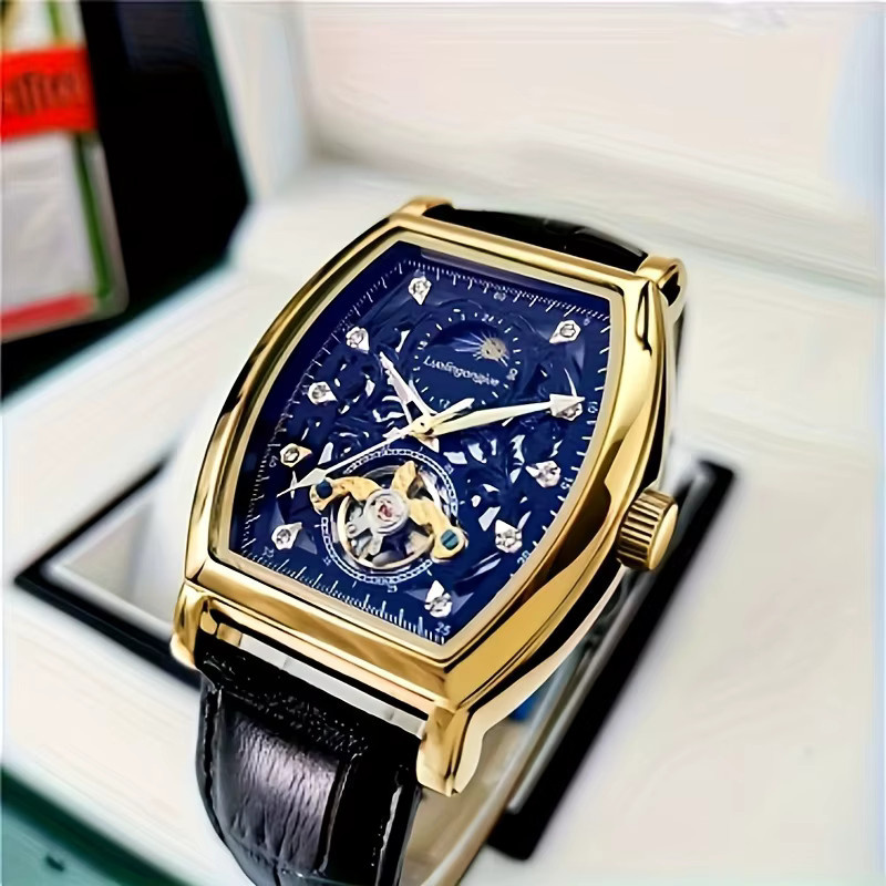 LUOLINGONGJUE Herrenarmbanduhr, Automatik, Tonneau, Leder, Gold, Silber - Bild 1