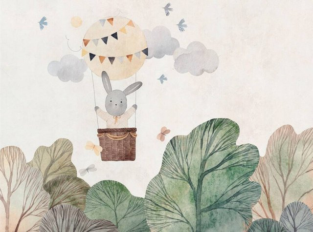 Livingwalls Fototapete Hase im Luftballon für Kinder in Grün Beige Braun B/H: 280 x 371 cm - Bild 1