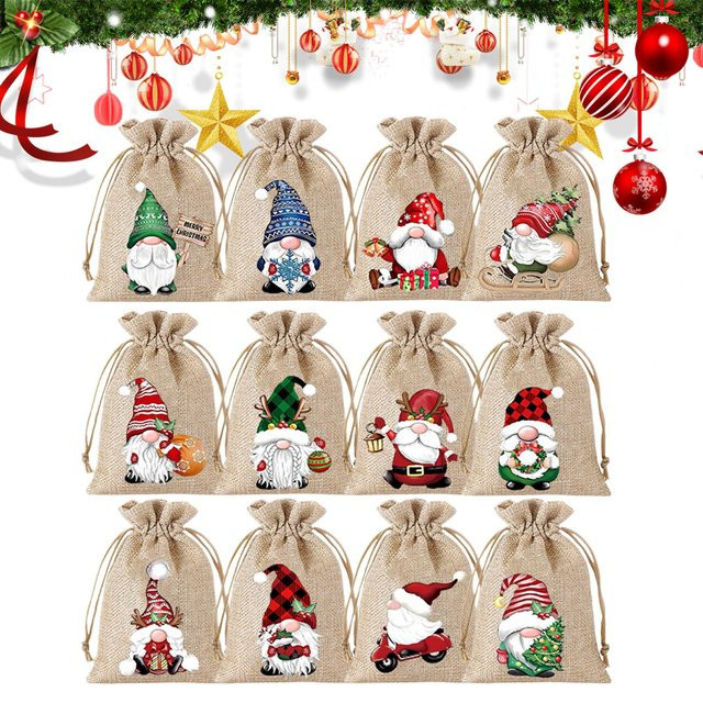 Beige Weihnachts-Adventskalender aus Jute als kleine Sackleinen-Geschenktüten für Süßigkeiten und Partyzubehör - Bild 1