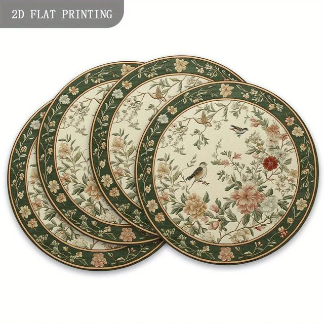 VIKAMA 4-teiliges rundes Tischset im Landhausstil mit Blumen und Vögeln, mehrfarbig, aus Leinen, hitzebeständig, rutschfest und waschbar, Durchmesser: 38 cm - Bild 1