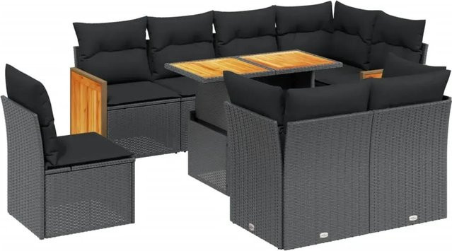 vidaXL 9-tlg. Garten-Sofagarnitur in U-Form aus schwarzem Poly-Rattan mit Kissen und pulverbeschichtetem Stahlgestell - Bild 1