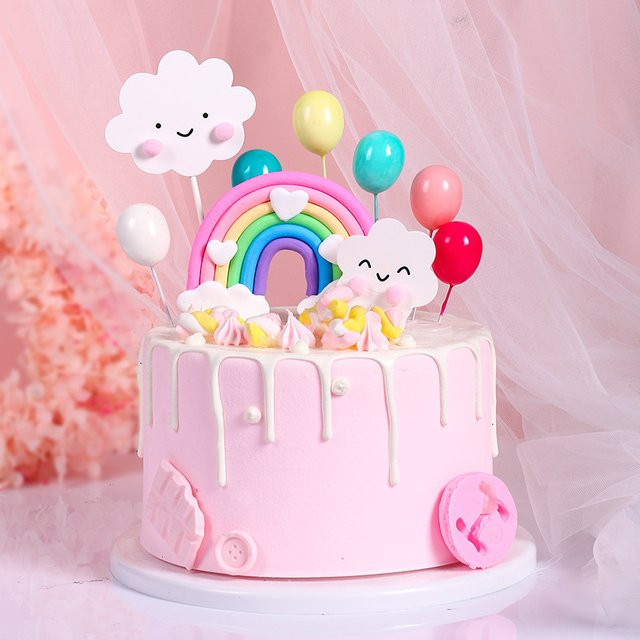 Bunter Kuchen Topper mit Wolke, Regenbogen und lächelndem Gesicht für Geburtstag, Babyparty oder Taufe, Mehrfarbig - Bild 1
