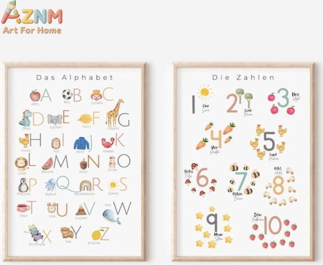 AZNM Leinwand-Wandkunst mit deutschem Alphabet und Zahlen, Mehrfarbig, ungerahmt, Dekoration für Kinderzimmer, Spielzimmer und Klassenzimmer - Bild 1