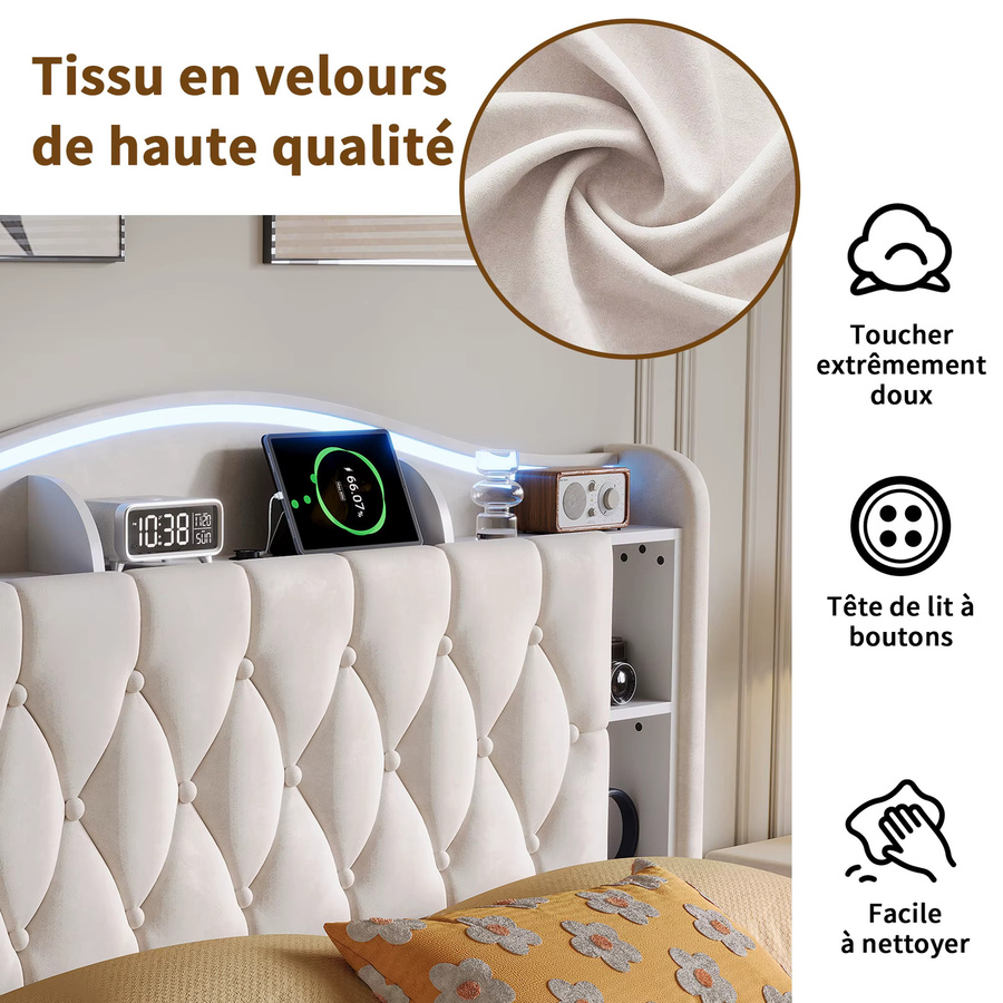 Rosahqnda Polsterbettgestell aus Samt mit LED-Beleuchtung, Stauraum durch Lift-up-Funktion und USB- sowie Typ-C-Anschlüssen am Kopfteil, Breite: 140 cm, Länge: 200 cm - Bild 4