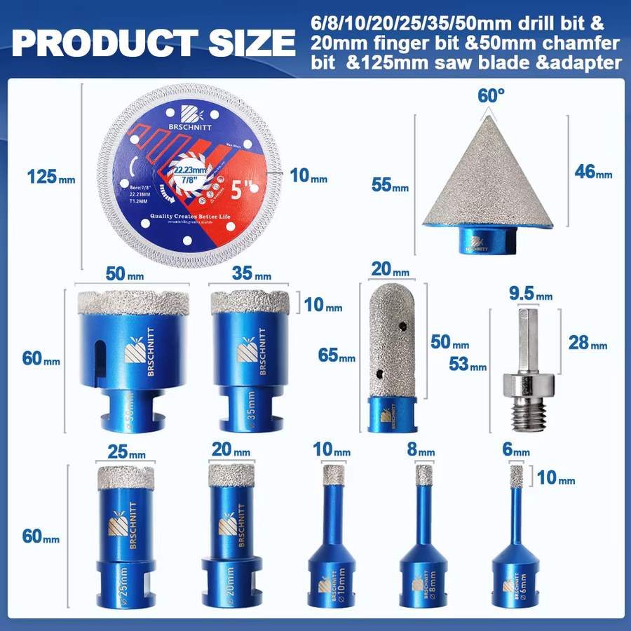 BRSCHNITT Diamantbohrer-Set, 11-teilig, für Keramik, Marmor und Granit mit Lochsägen, Bohrkronen und Trennscheiben - Bild 2