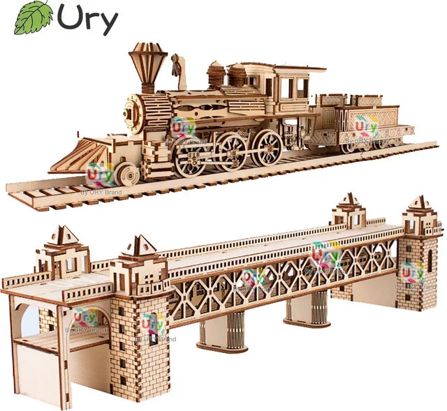 Ury 3D Holzpuzzle Retro Dampfzug mit Schienen, Eisenbahnbrücke, Montagemodell - Bild 1
