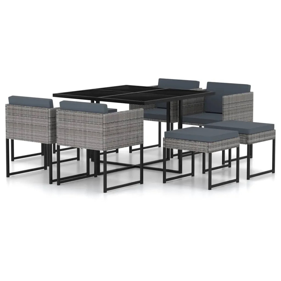 vidaXL 9-tlg Garten-Essgruppe aus Poly Rattan in Grau und Anthrazit mit Kissen und Glastisch - Bild 2