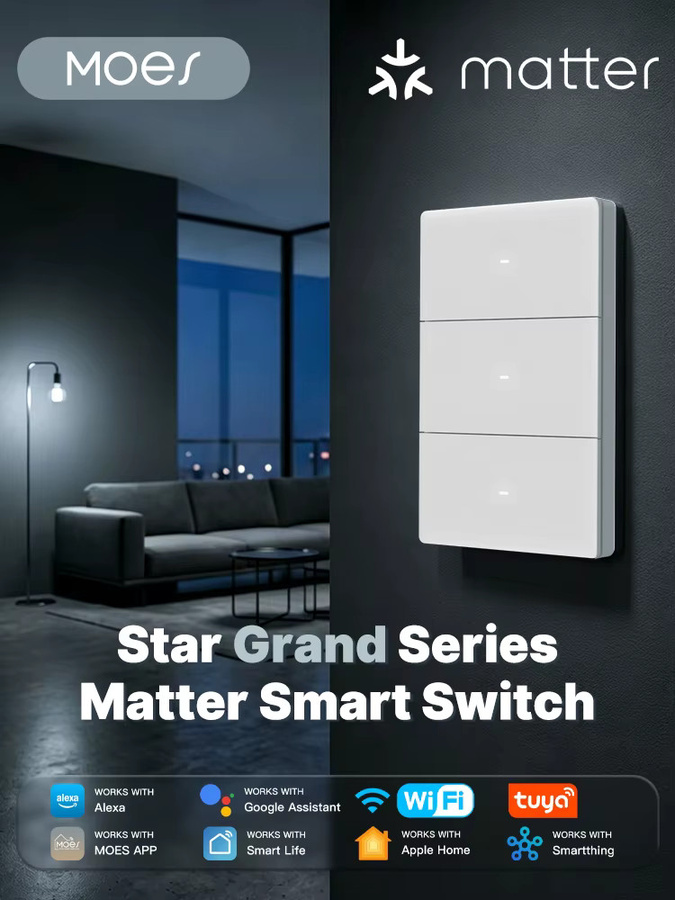 MOES Matter WLAN Smart-Schalter Star Grand Serie in Weiß, Tuya kompatibler Lichtschalter mit Neutralleiter, unterstützt Apple HomeKit, Amazon Alexa, Google Assistant und SmartThings - Bild 4