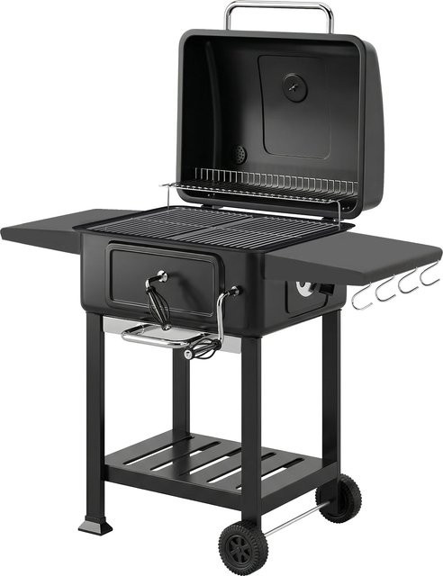 Outsunny Holzkohlegrill BBQ Smoker mit Deckel, Thermometer und Seitentisch, Grillwagen mit Rädern für Garten und Camping, Marke Aosom - Bild 1