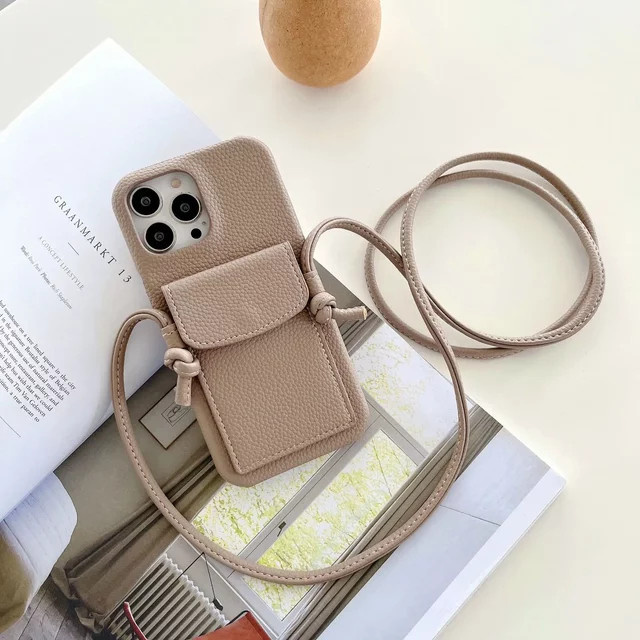 Lederhülle mit Litschi-Muster für Apple iPhone 17 bis 11 Pro Max, Mini und Plus inklusive Umhängeband und Kartenhalter als Brieftasche in Schwarz oder Beige - Bild 1