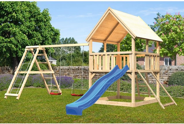 Karibu Spielturm Luis Doppelschaukel mit Klettergerüst, Netzrampe und Rutsche in Blau - Bild 1