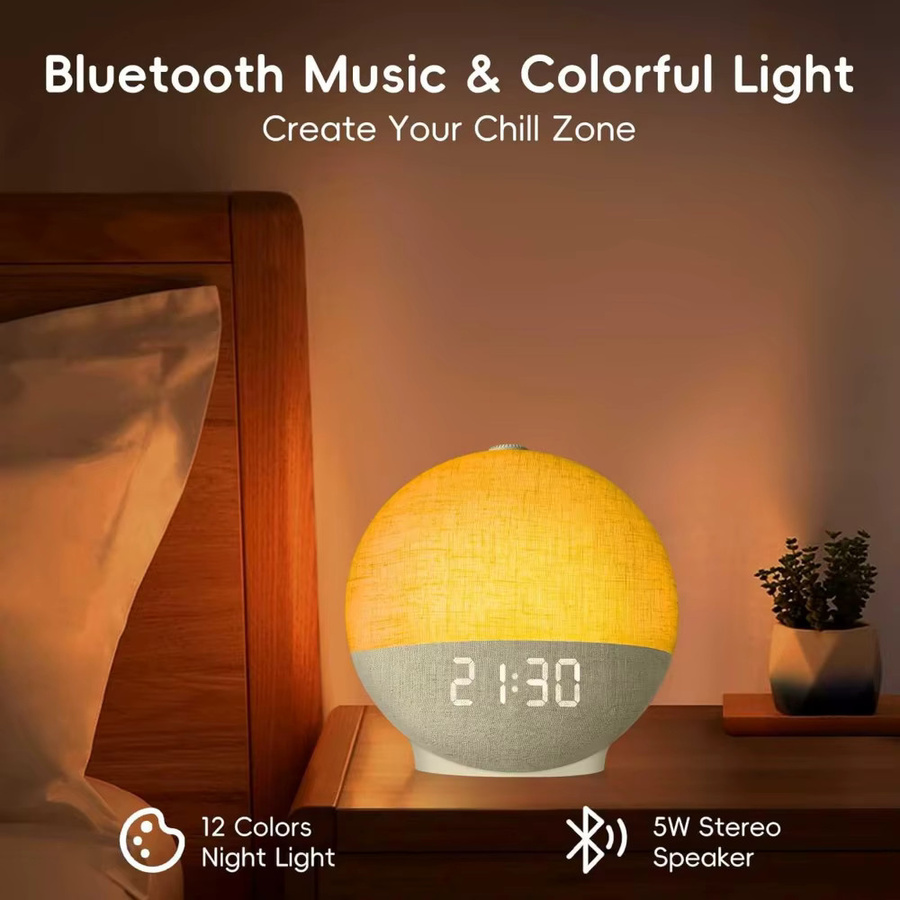 Wake Up Light Sonnenaufgang Wecker mit Bluetooth Lautsprecher, White Noise Sound Maschine und RGB Farbwechsel Nachtlicht in Weiß - Bild 2
