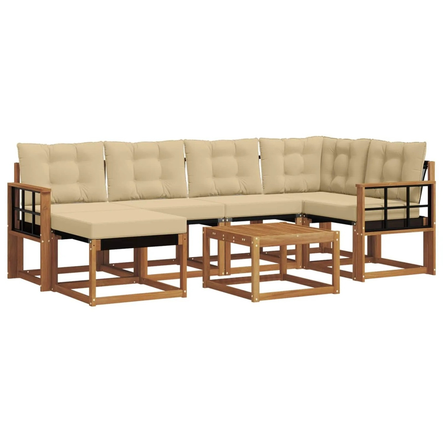 vidaXL Sofa Set 7-teilig L-Form aus Akazienholz und Textilene in Natur und Beige mit Kissen - Bild 2