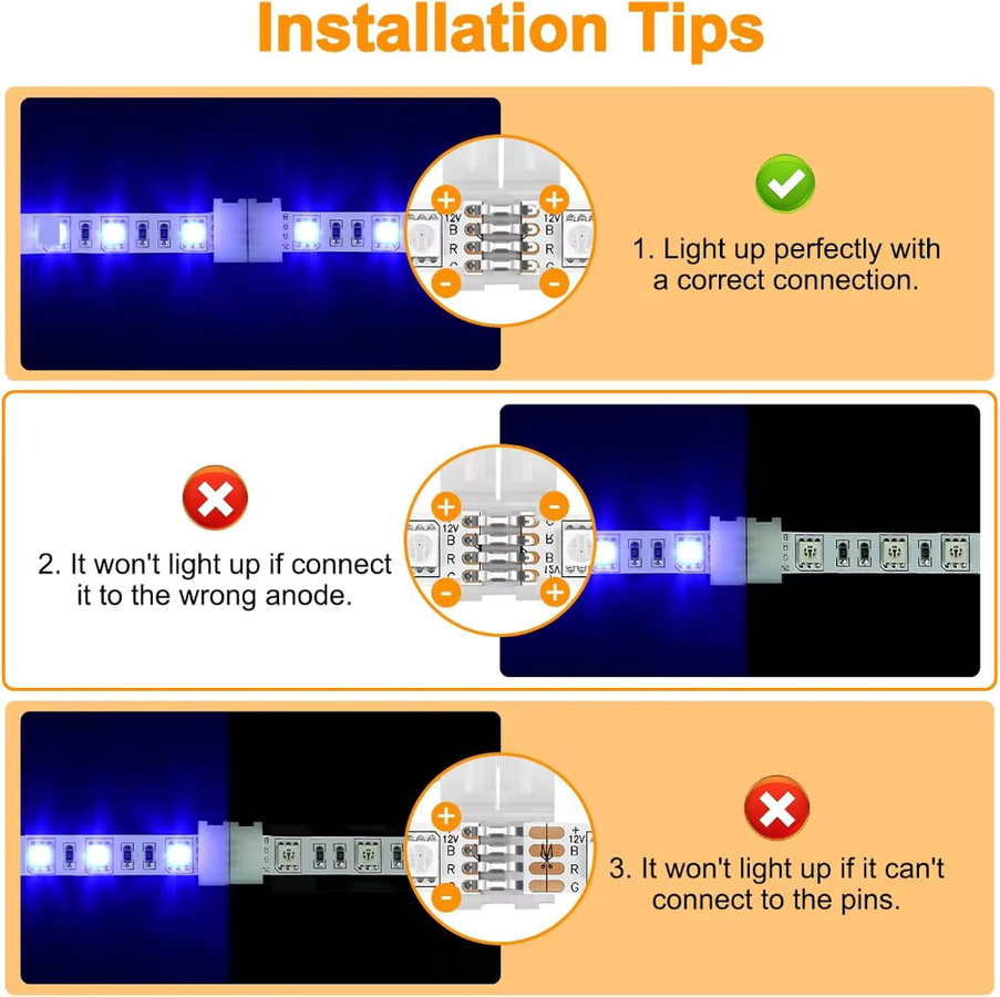 YSRSAI 10er Set 4-Pin LED Streifen Adapter ohne Löten, 10mm Solderless Stecker für 5050/3528 SMD RGB Streifen, Farbe Weiß - Bild 3